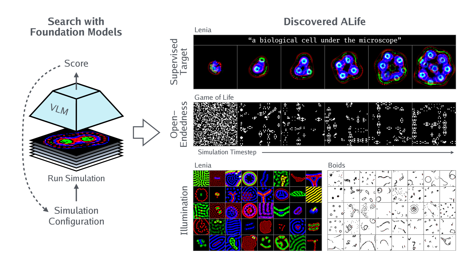 Figure 1 from Automating the Search for Artificial Life with Foundation Models, showing ASAL scoring simulations with a vision-language model and discovering Lenia, Game of Life, and Boids examples.