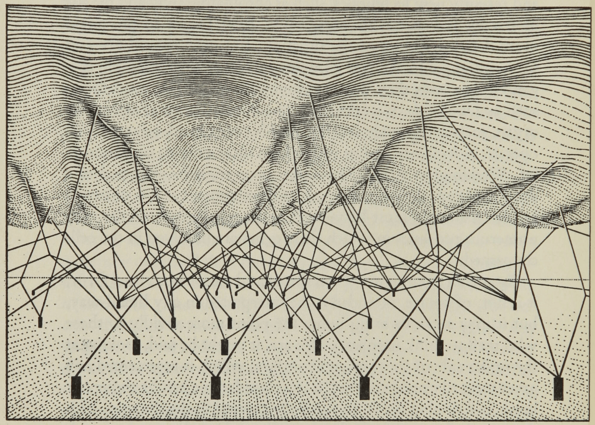 The underside of the epigenetic landscape, with branching cords connecting its contours to pegs below.